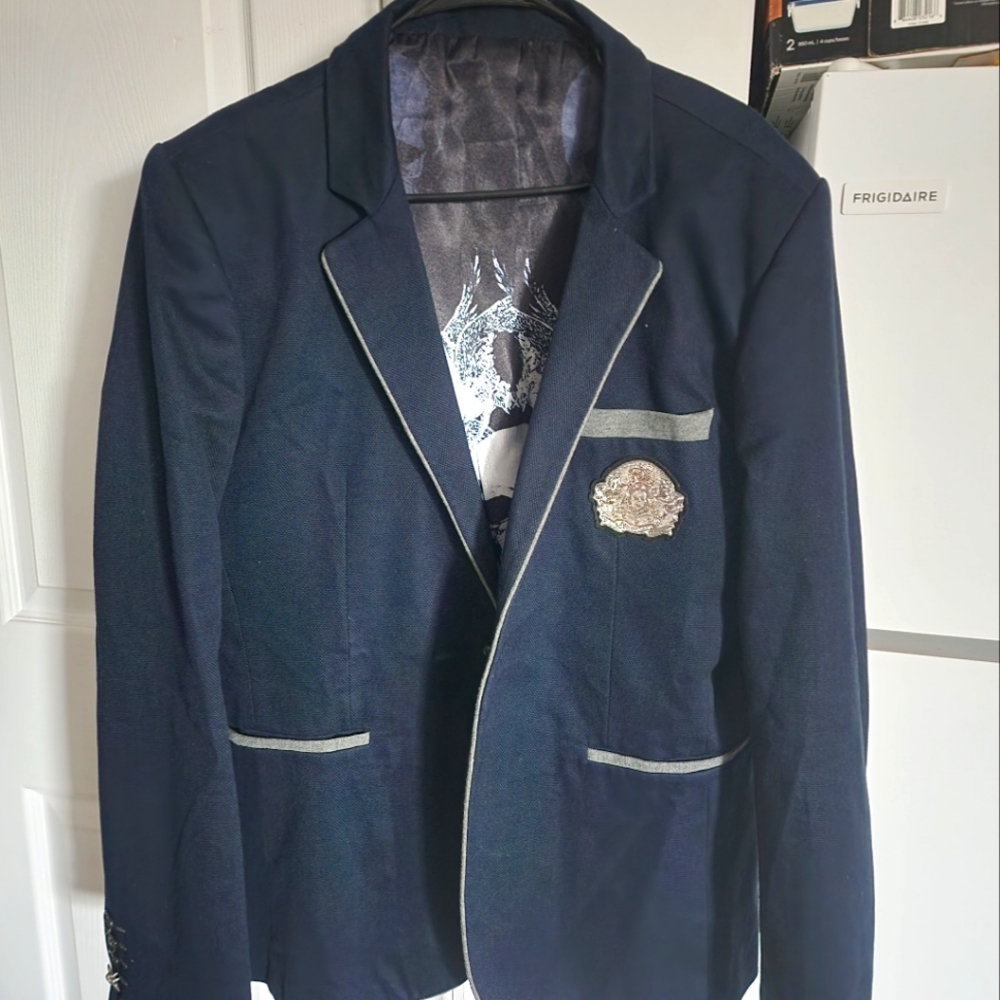 Dark Blue Sport Coat with Notched Phillip Plein Lapel and Emblem